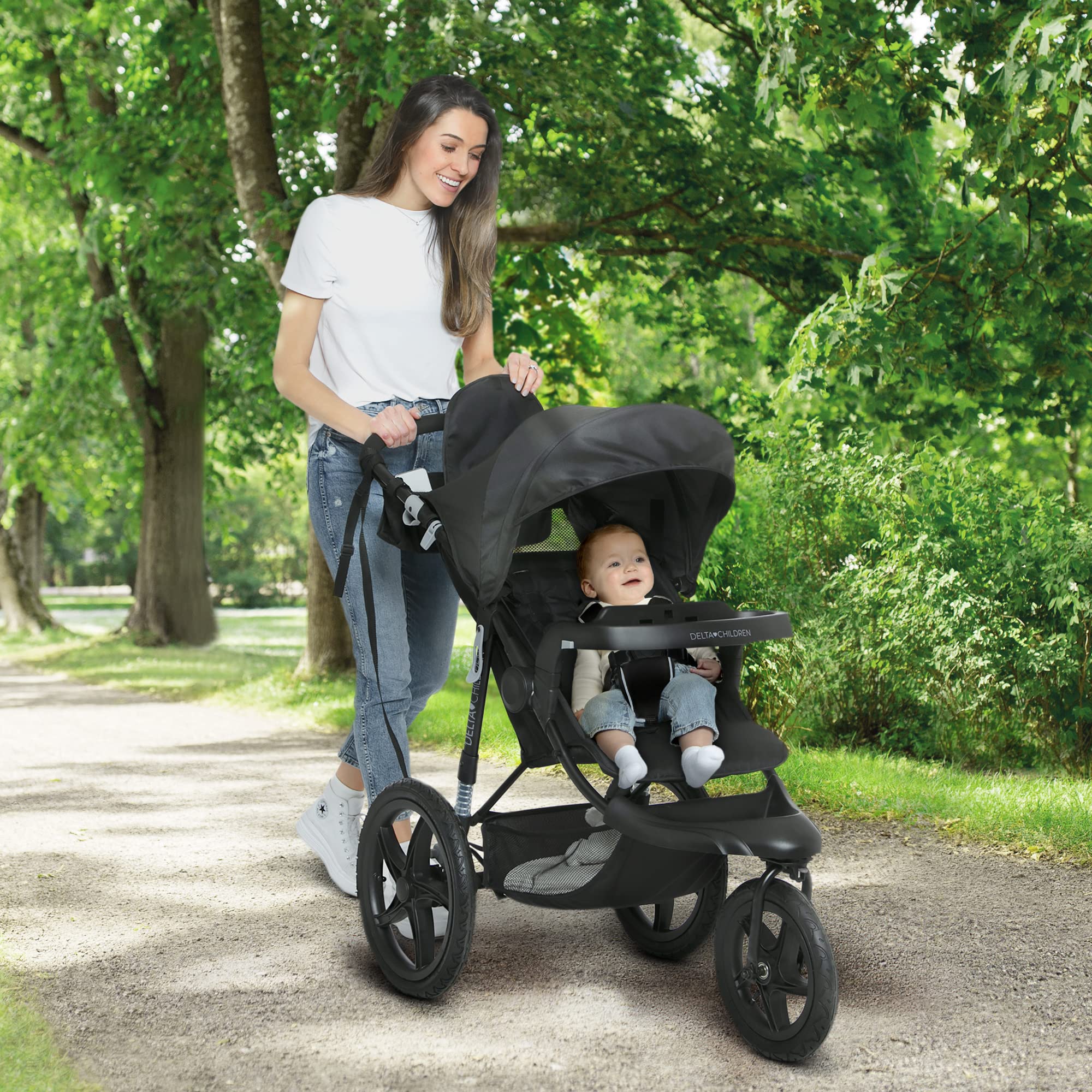 Delta Children Apollo Jogging Stroller - Lightweight Shock-Absorbing Frame with Adjustable Canopy & Reclining Seat - Compatible with Infant Car Seats (Black) - Perfect for Running, Walking & Outdoor Adventures with Baby
