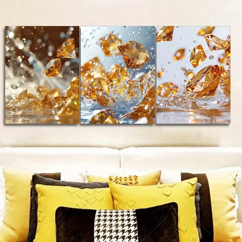 3-Piece Yellow Diamonds Crystal Wall Art Set - Framed Canvas 40x60cm (16x24 inches) | High Quality Print | Australian Made | Ready to Hang | Perfect for Living Room, Bedroom & Office Decor