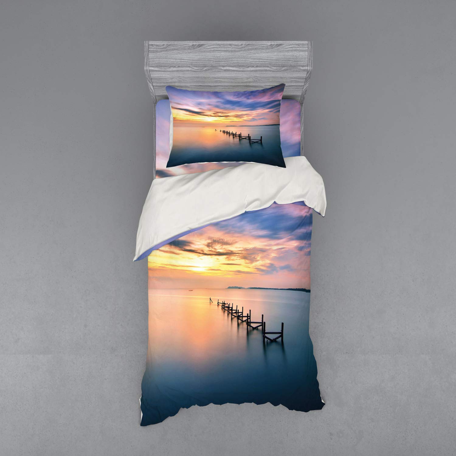 Ambesonne Nature Duvet Cover Set - Sunset at Abandoned Jetty with Smooth Water & Sky Digital Print | 3-Piece Bedding Set with Pillow Sham & Fitted Sheet | Twin XL Size in Marigold Petrol Blue | Perfect for Coastal & Nature-Themed Bedrooms, Guest Rooms & Vacation Homes