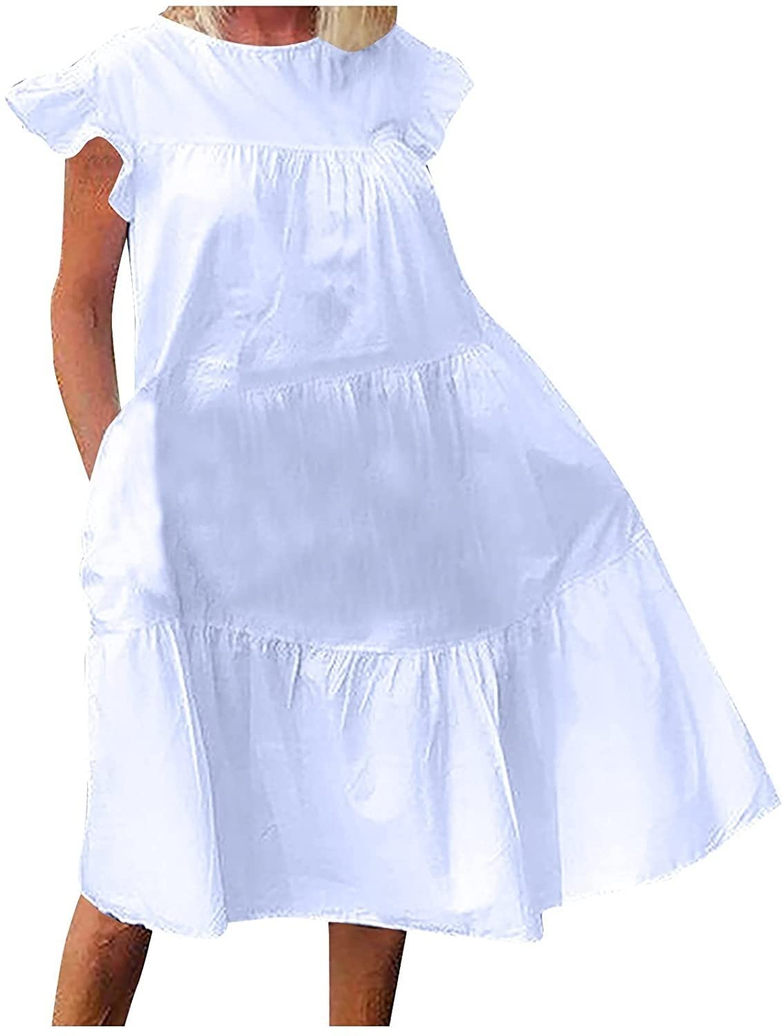 JUTING Women's Casual Summer T-Shirt Dress - Solid Color Lotus Leaf Sleeve Fashion Dress for Women (White, X-Large) - Perfect for Beach Outings, Picnics, and Summer Vacations