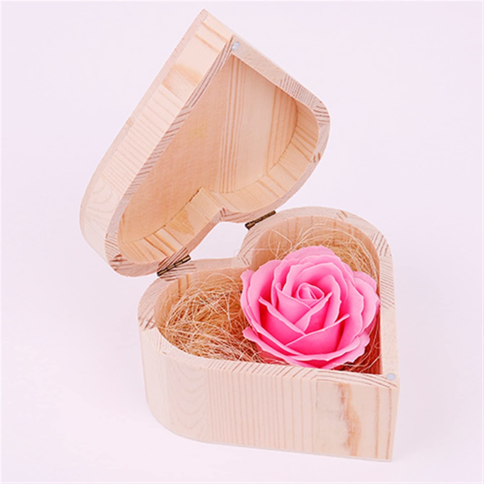 Romantic Pink Heart-Shaped Wooden Box with Realistic Soap Rose Flowers - Perfect for Valentine's Day Gifts, Wedding Favors & Home Decor (13x13x7cm)