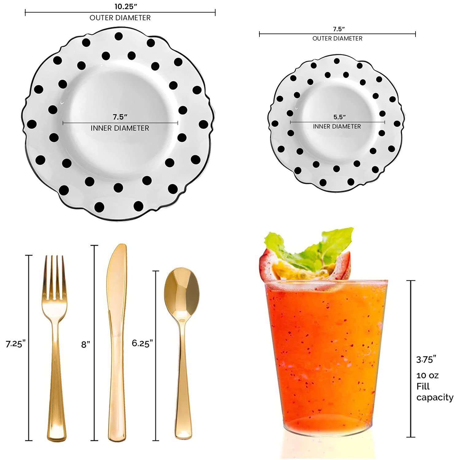 Elegant Disposable Plastic Dinnerware Set with Round Dots - 360pc Wedding Party Tableware (60 Guest Package) Includes Dinner Plates, Salad Plates, Gold Cutlery (Spoon Fork Knife) and Clear Cups - Perfect for Weddings, Banquets, Catering Events and Upscale Parties (White with Black Design)