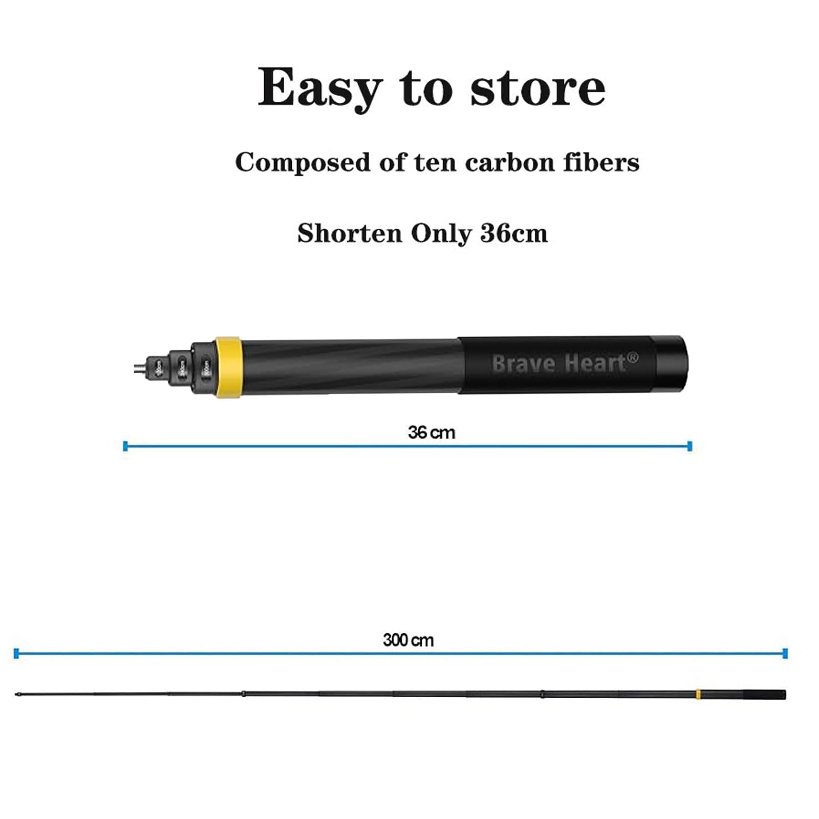 Extended 36cm to 3m (9.8ft) Carbon Fiber Selfie Stick for Insta360 X4/X3/ONE X2/R/X/Action Cameras - Lightweight & Durable Tripod Monopod for Vlogging, Travel & Outdoor Photography (Yellow)