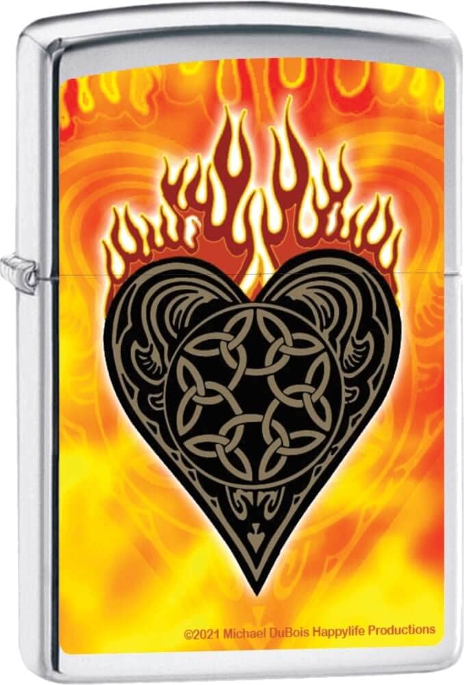 Mike Dubois Celtic Flaming Heart Street Chrome Zippo Lighter - Windproof Refillable Metal Lighter for Outdoor, Camping, Smoking & Collectors
