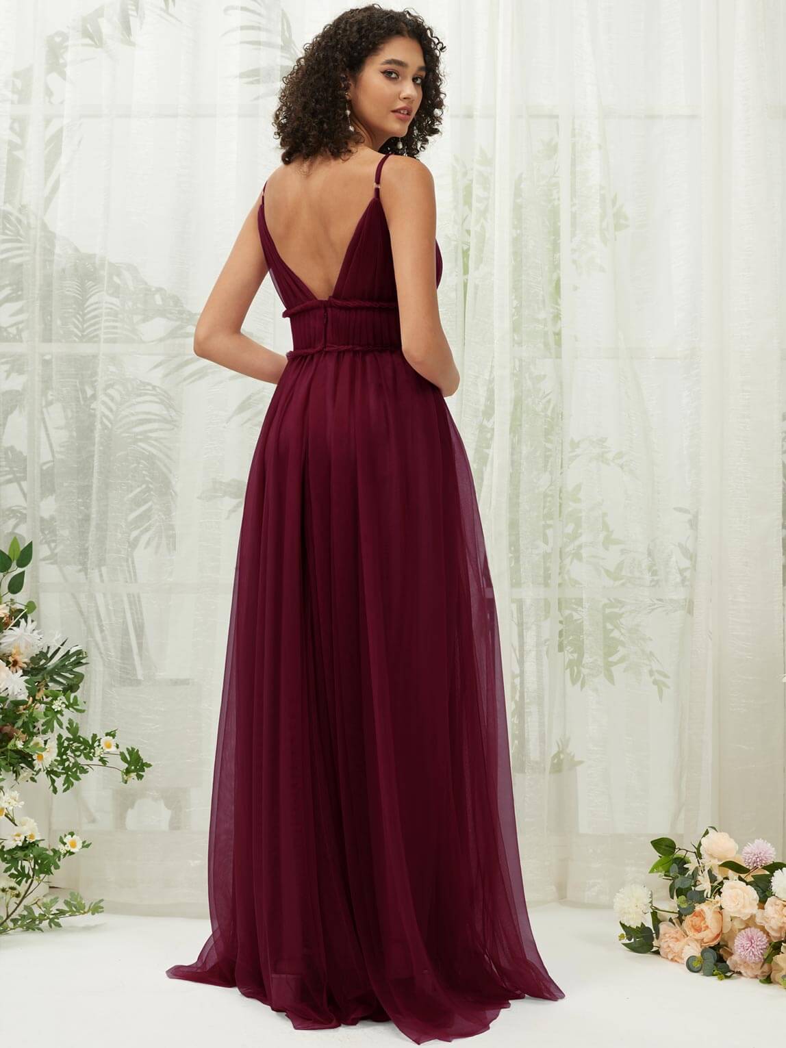 Elegant Burgundy Tulle Backless Pleated Pocket Floor Length Bridesmaid Dresses for Weddings, Formal Events & Special Occasions