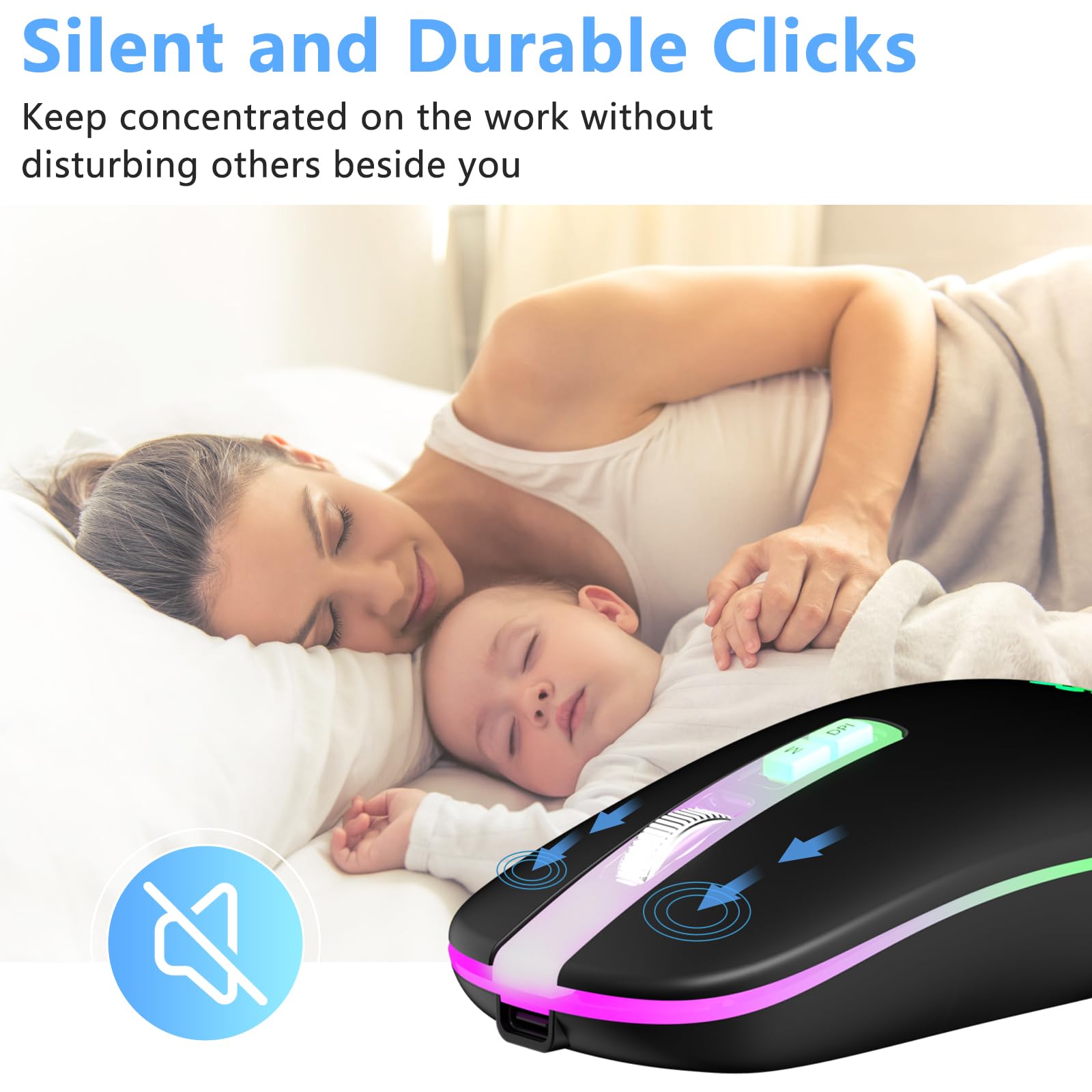 KARFUN Wireless Mouse - Slim Rechargeable 2.4G LED Backlit Mouse for Laptop, PC, MacBook, iPad, Chromebook, Notebook | Perfect for Office, Home, and Travel Use (Black with Transparent Nose)