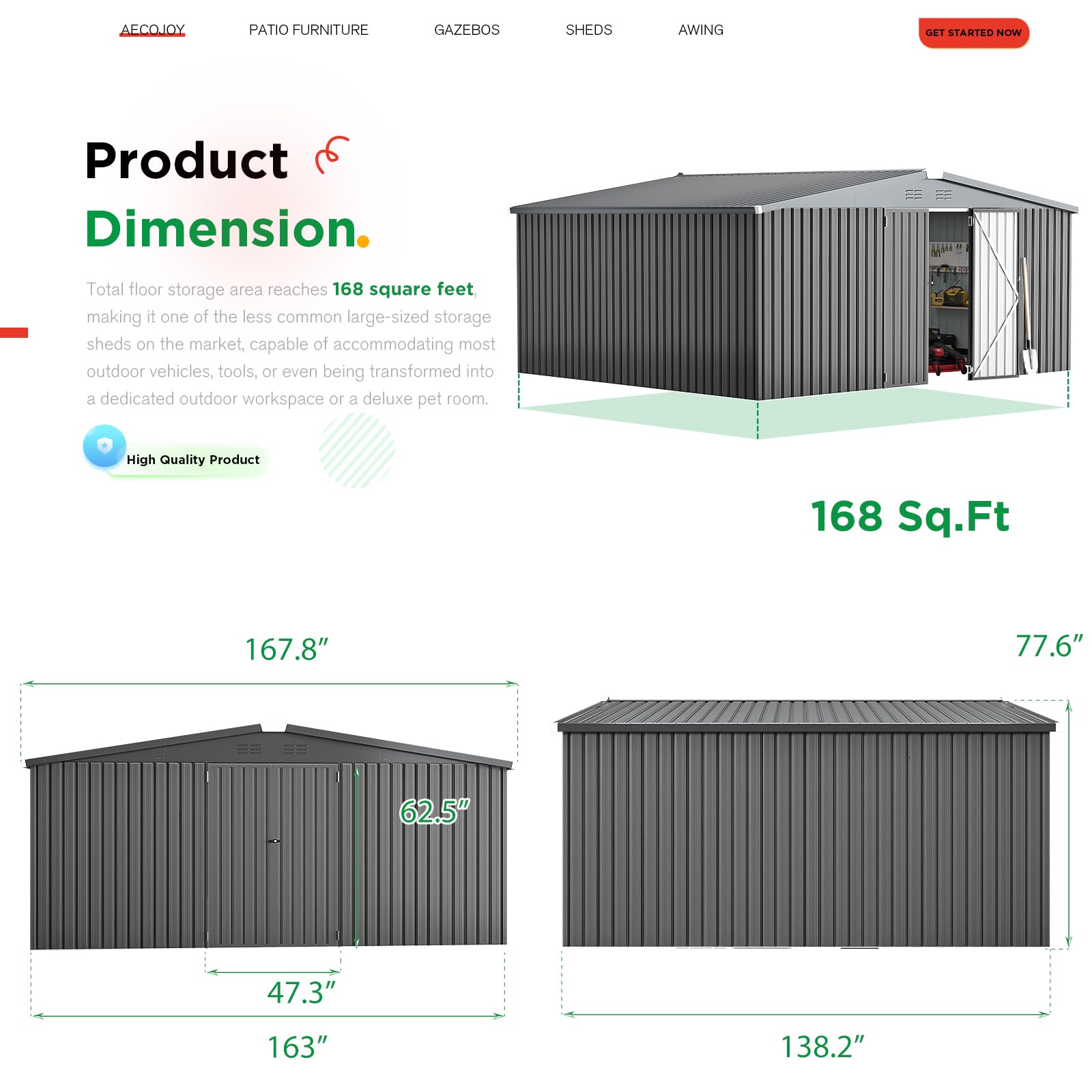 AECOJOY 14' x 12' Outdoor Metal Storage Shed - Heavy Duty Steel Utility Shed with Lockable Doors for Garden, Patio & Backyard - Weather Resistant Dark Grey Tool Shed for Lawn Equipment, Bikes & Seasonal Storage