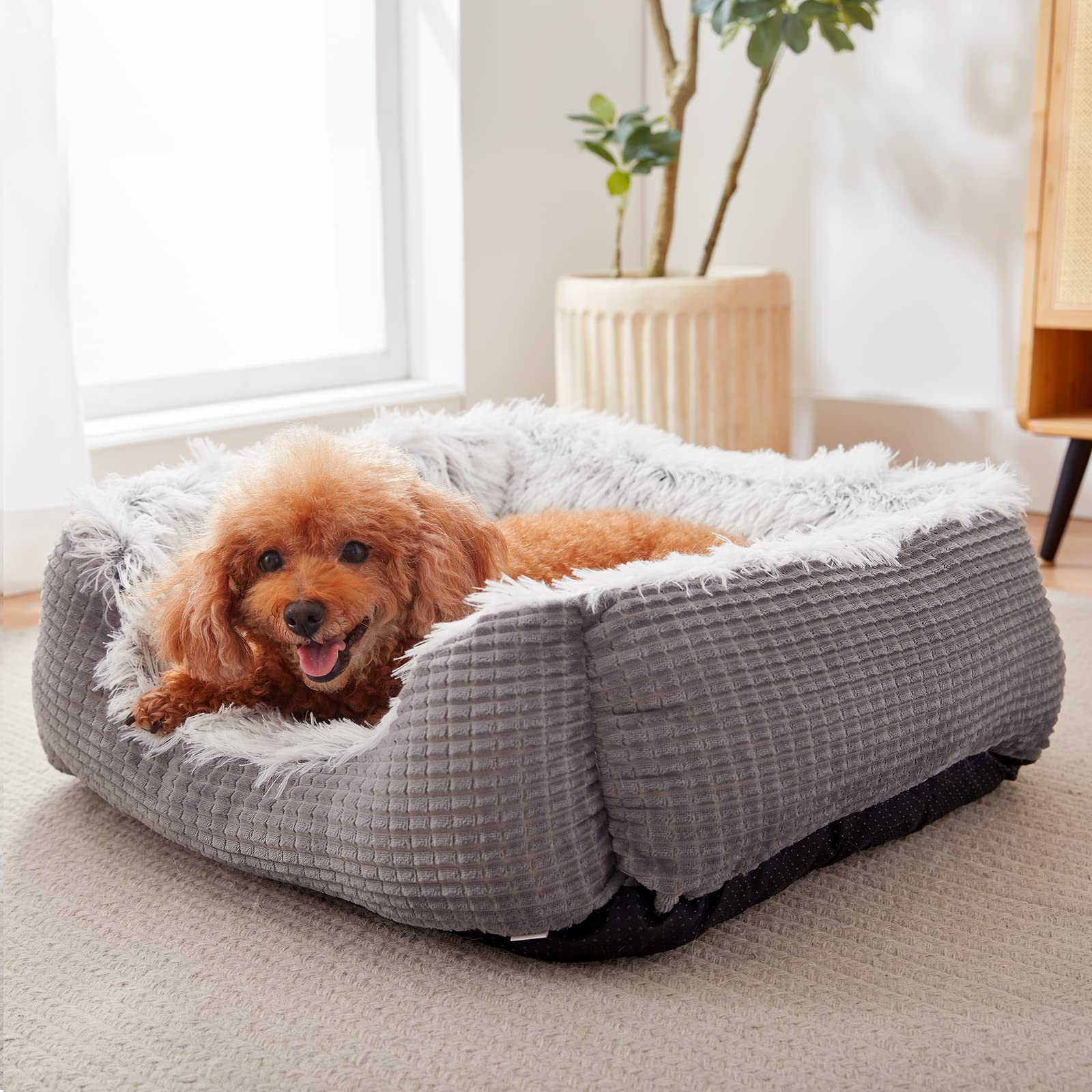 FURTIME Washable Medium Dog Bed - Ultra Soft Plush Flannel Calming Pet Bed for Anxious Dogs, Machine Washable, Grey - Perfect for Crates, Kennels & Home Use