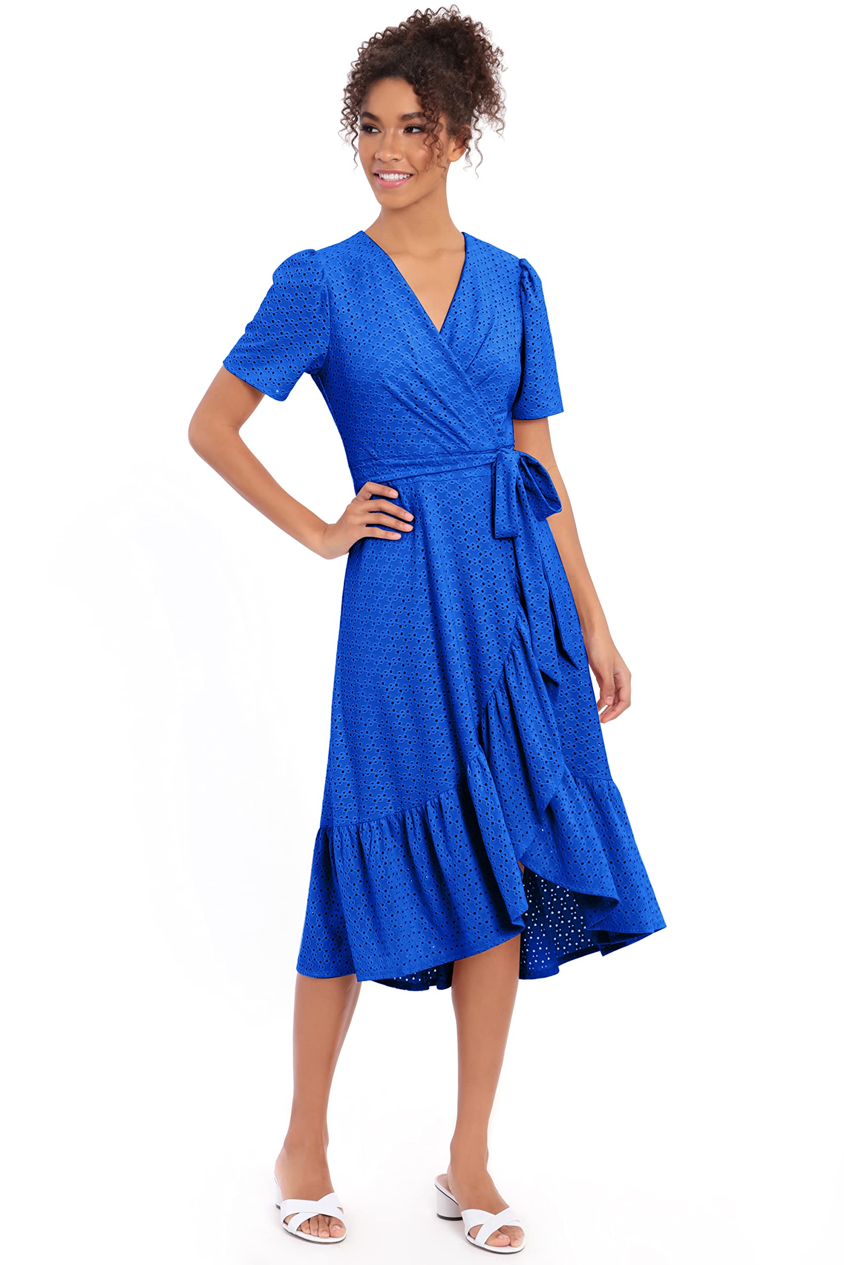 London Times Women's Short Sleeve Ruffle Wrap Dress - Flattering Summer Dress for Casual Outings, Date Nights & Beach Vacations | Plus Size & Petite Options Available