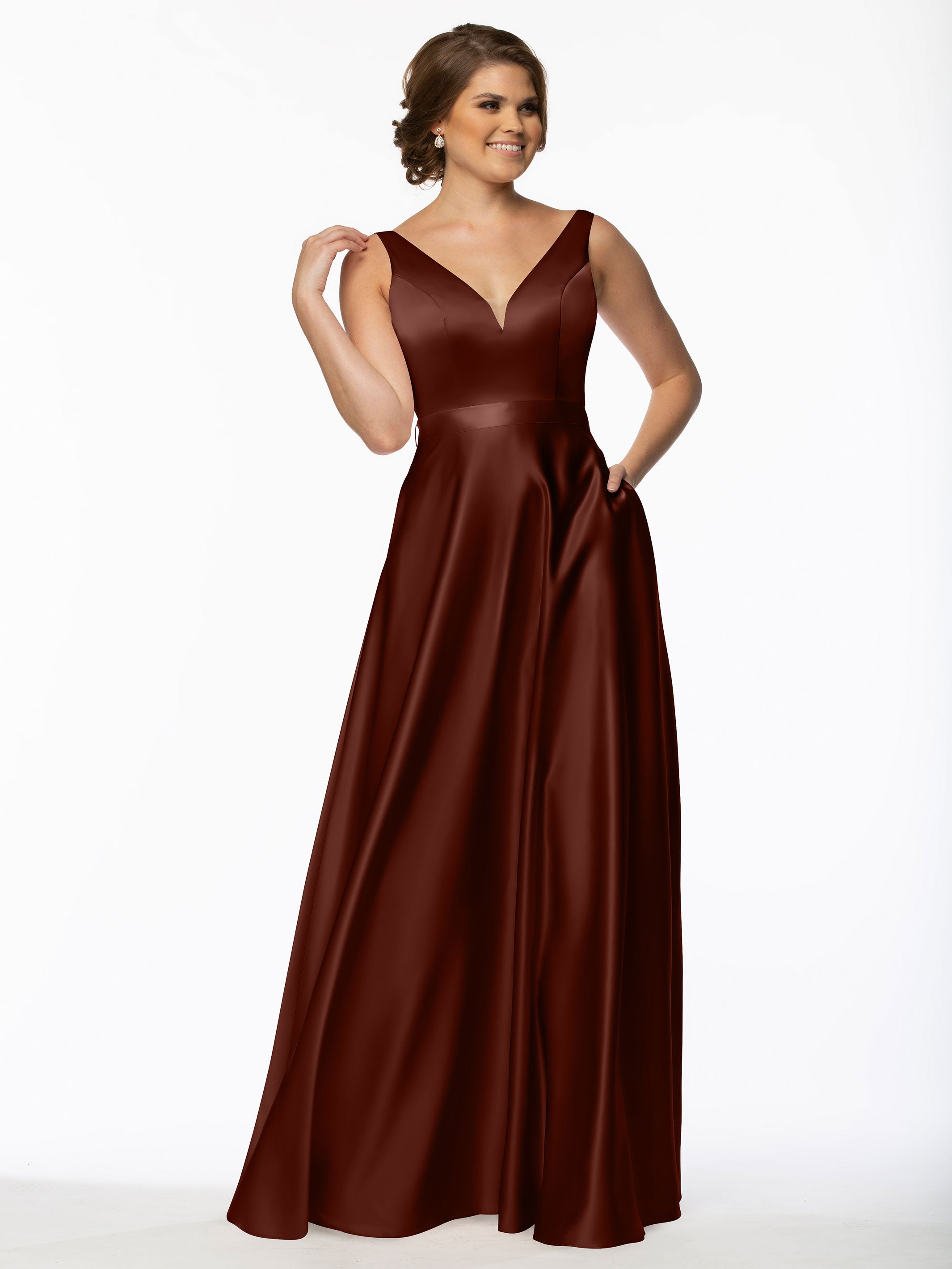 Elegant 80118 Satin A-Line Bridesmaid Dress with V-Neckline & Sash - Perfect for Weddings, Formal Events & Special Occasions