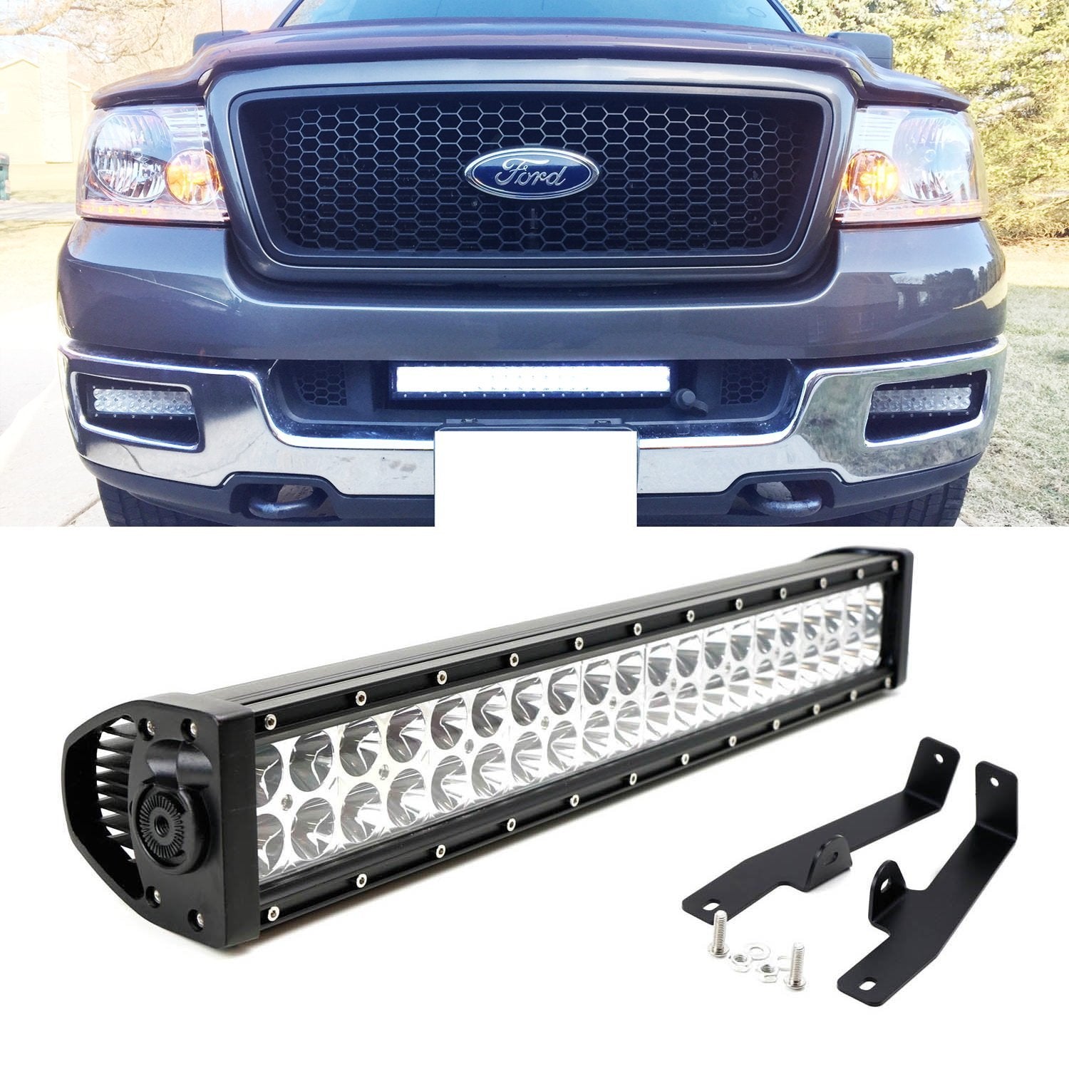 120W 20 LED Light Bar with Lower Bumper Brackets & Wiring Kit - Compatible with 2006-2008 Ford F150 - Off-Road Lighting for Trucks, ATVs, and Trail Adventures
