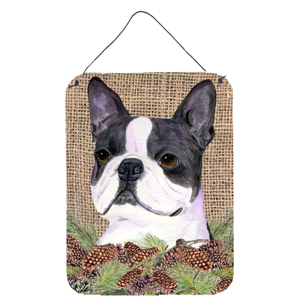 Boston Terrier Metal Wall Art Sign - 12x16 Faux Burlap with Pine Cones Decor for Kitchen, Bathroom, Bar & Front Door | Rustic Home & Pet Lover Gift | Indoor/Outdoor Hanging Plaque