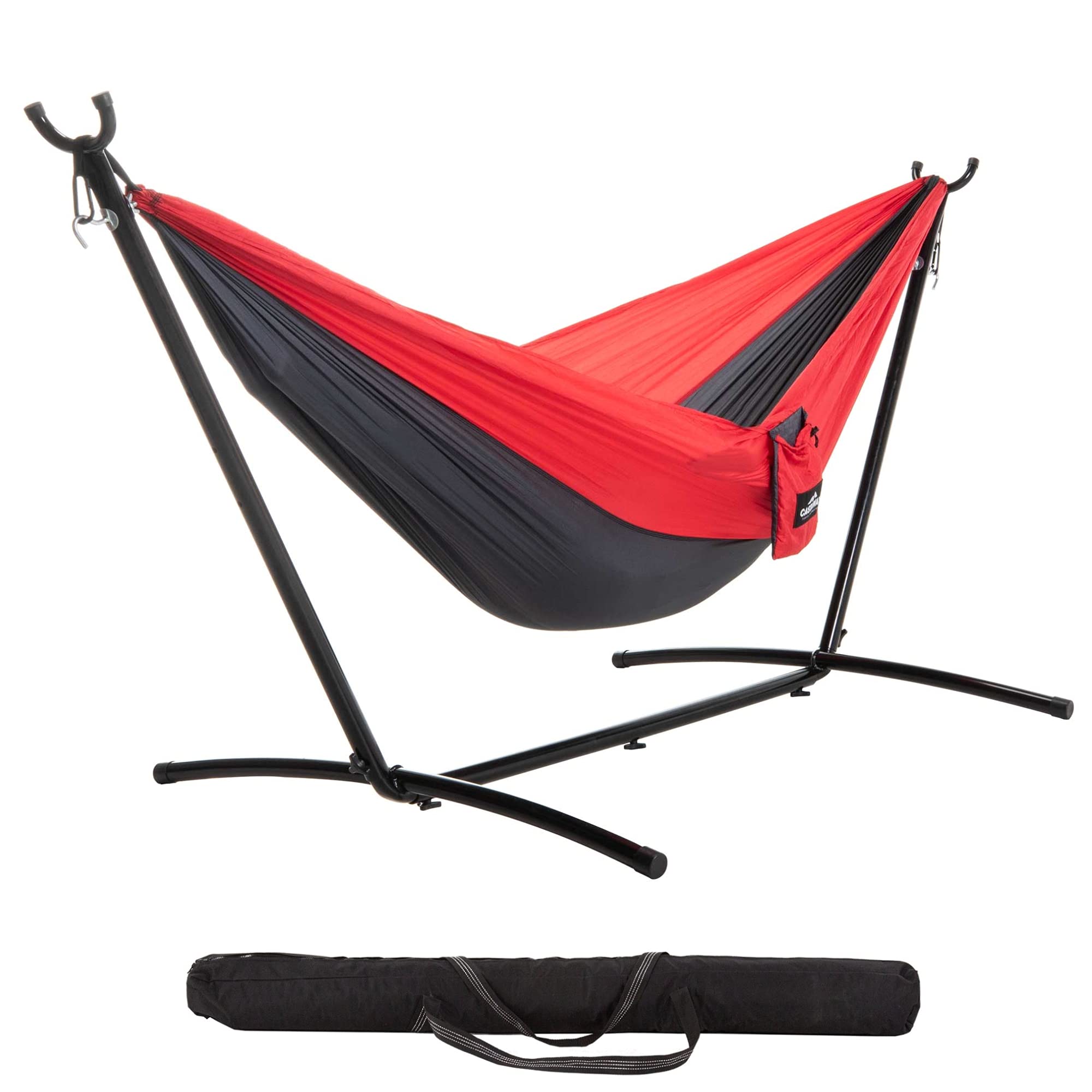 Castaway Living Portable Camping Hammock with Space-Saving Stand & Carry Bag - 400 LB Capacity (Red/Charcoal) - Perfect for Backpacking, Beach Trips & Backyard Relaxation