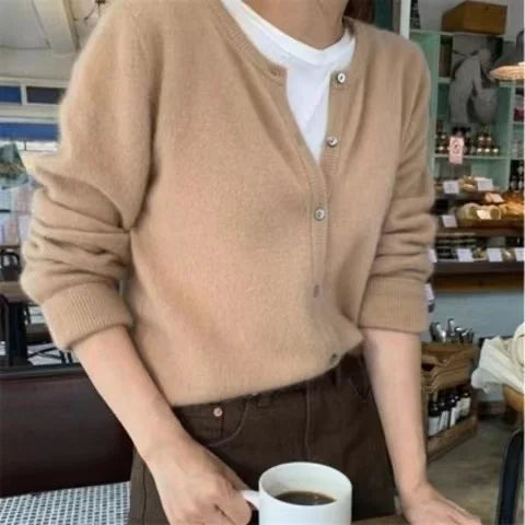 Solid Color Knitted Cardigan Round Neck Sweater for Women - Cozy Casual Pullover for Fall & Winter - Perfect for Office, Dating, and Travel