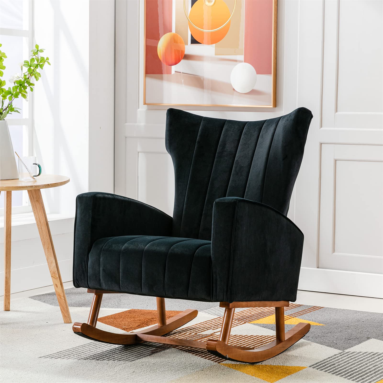TehRecBT Upholstered Nursery Glider Rocking Chair with Wood Legs - High Back Comfortable Rocker Armchair for Living Room, Bedroom, Nursery - Perfect for Nursing, Reading & Relaxing (Black)