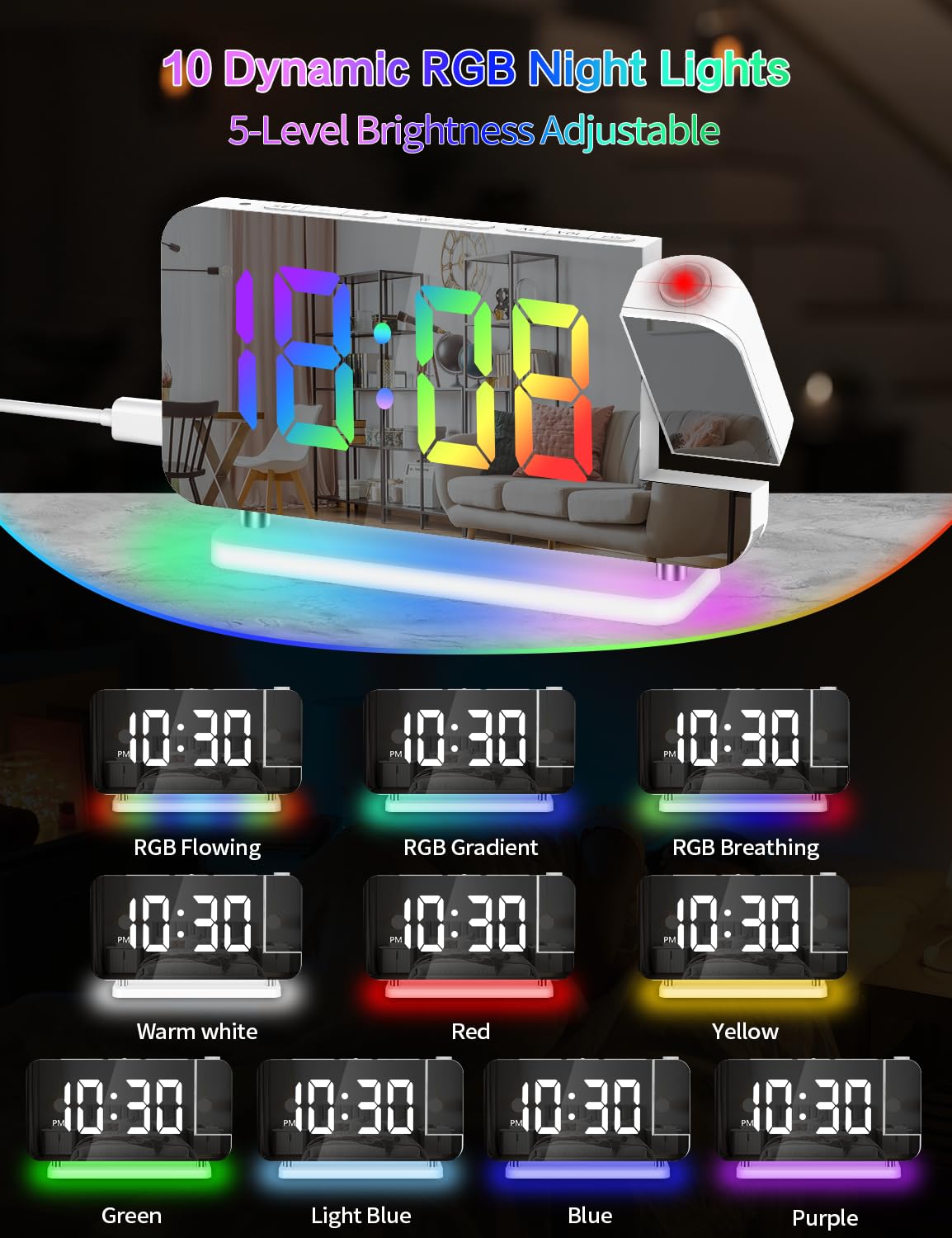 Digital Projection Alarm Clock with 180° Rotatable Projector & RGB Night Light - Auto Dimmer, Snooze, 12/24H Format, Dual USB Charger Ports - Perfect LED Desk Clock for Bedroom, Home Office & Nightstand