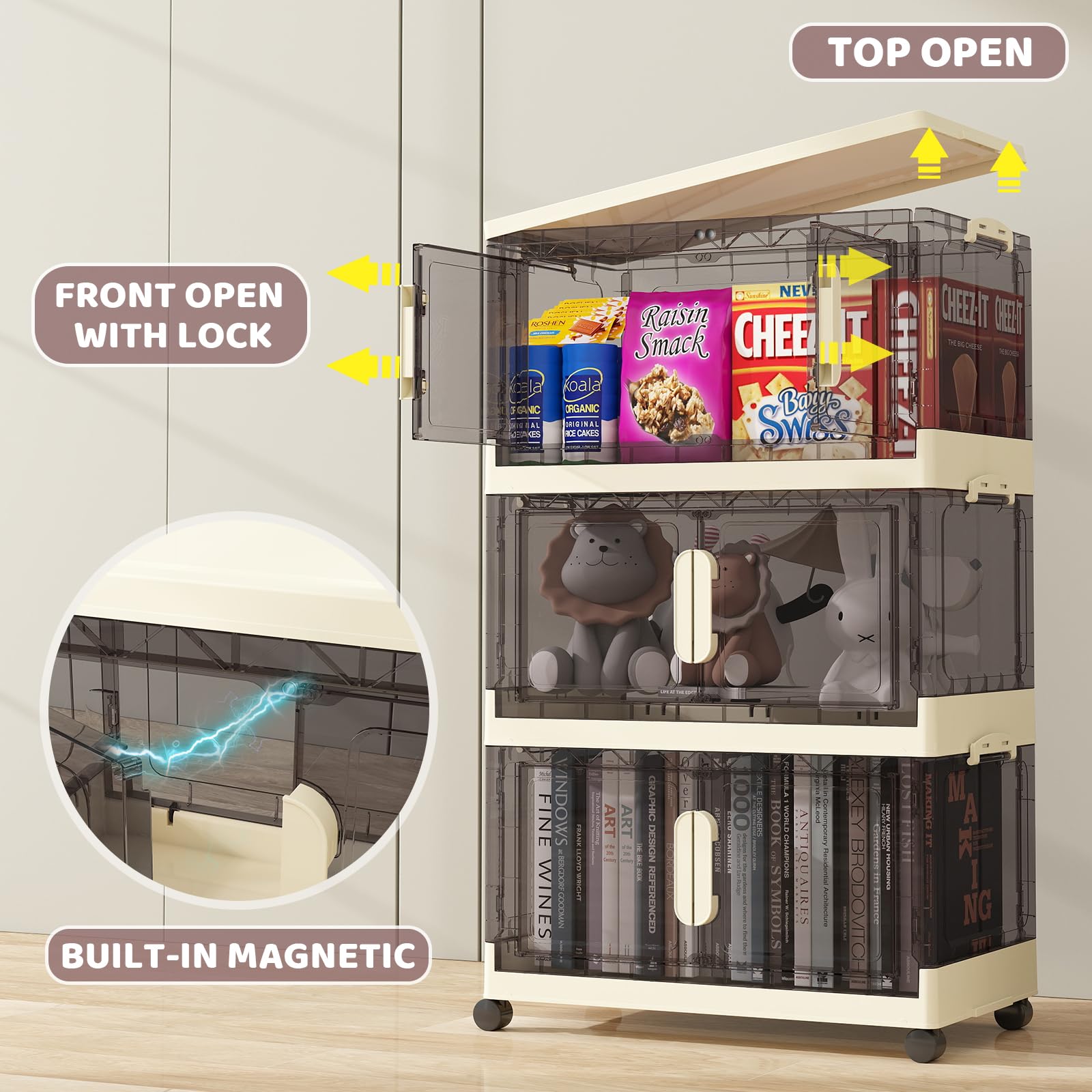 78 Quart Plastic Storage Bins with Lids - 5 Pack Collapsible Storage Containers with Wheels & Door - Stackable Closet Organizers for Toys, Clothing, Home Organization - Perfect for Garage, Bedroom, and Kids Room Storage