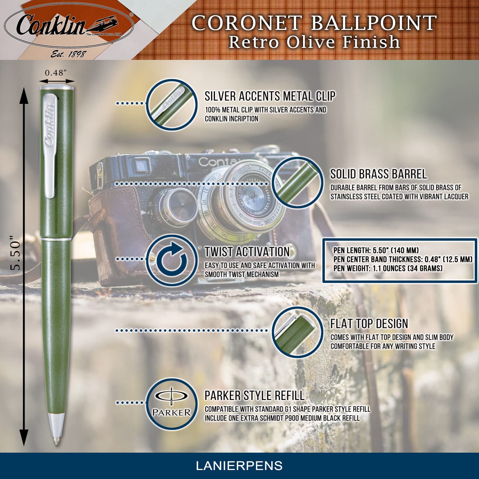 Conklin Coronet Ballpoint & Fountain Pen Set - Olive Green Medium Tip for Professional Writing, Office Use & Gift Giving
