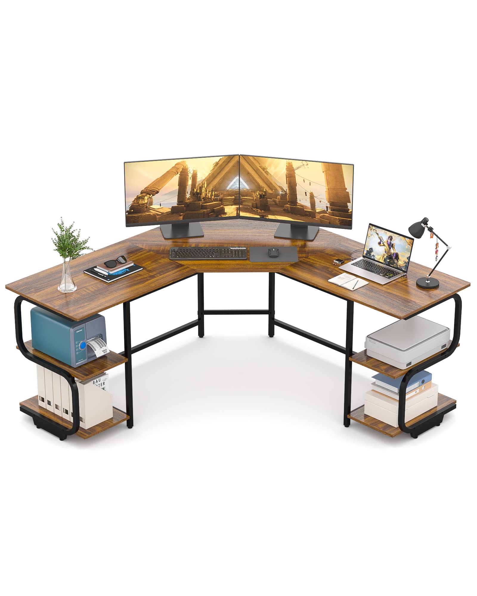 Modern L-Shaped Computer Desk with 4-Tier Shelves, 64.84
