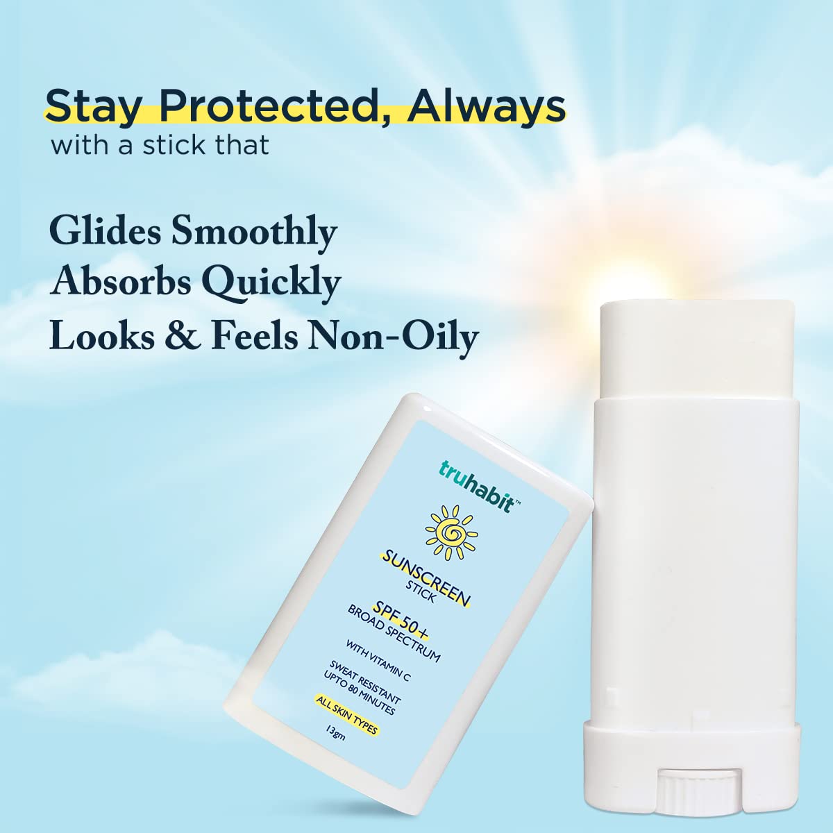 TruHabit SPF 50 Sunscreen Stick for Face - Dermatologist Tested Vitamin C Sun Protection for Women & Men - Oil-Free & Hydrating Formula for Oily & Dry Skin (13g) | Perfect for Beach, Sports & Daily Outdoor Activities