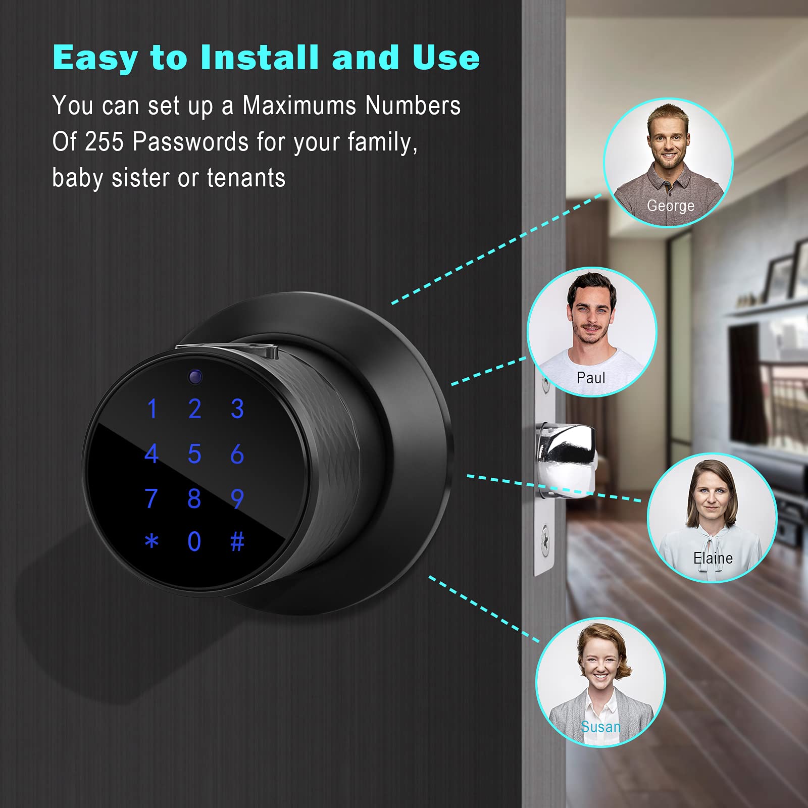 FITNATE Smart Fingerprint Door Knob Lock - Tuya App Controlled, 255 User Capacity, Password Management, Anti-Slip Handle for Home Security | Ideal for Bedroom, Office & Hotel Use