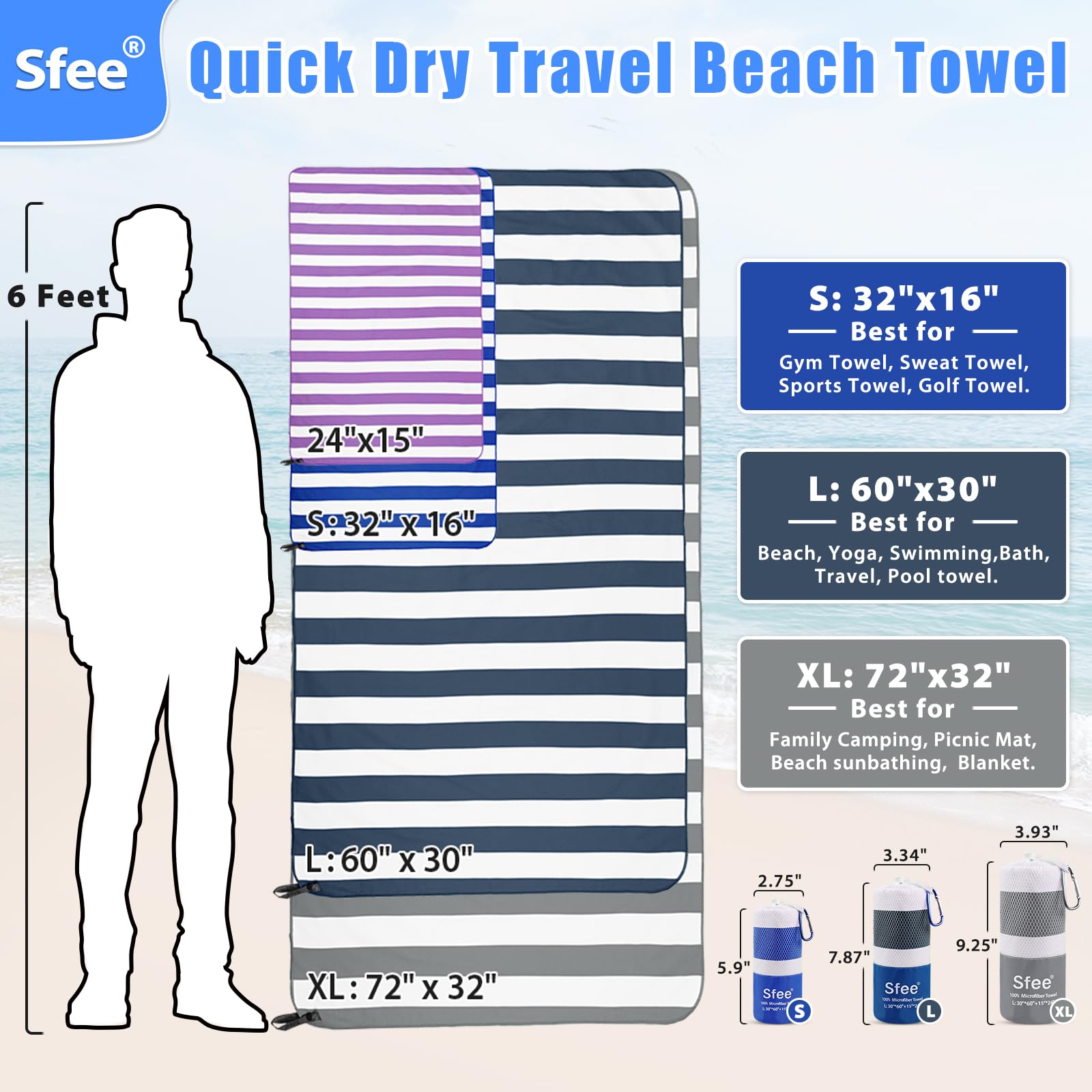 Sfee 2 in 1 Microfiber Beach Towel - Quick Dry, Super Absorbent & Lightweight Camping Travel Towel for Gym, Hiking, Pool, Yoga | Perfect for Outdoor Adventures, Sports & Travel Accessories