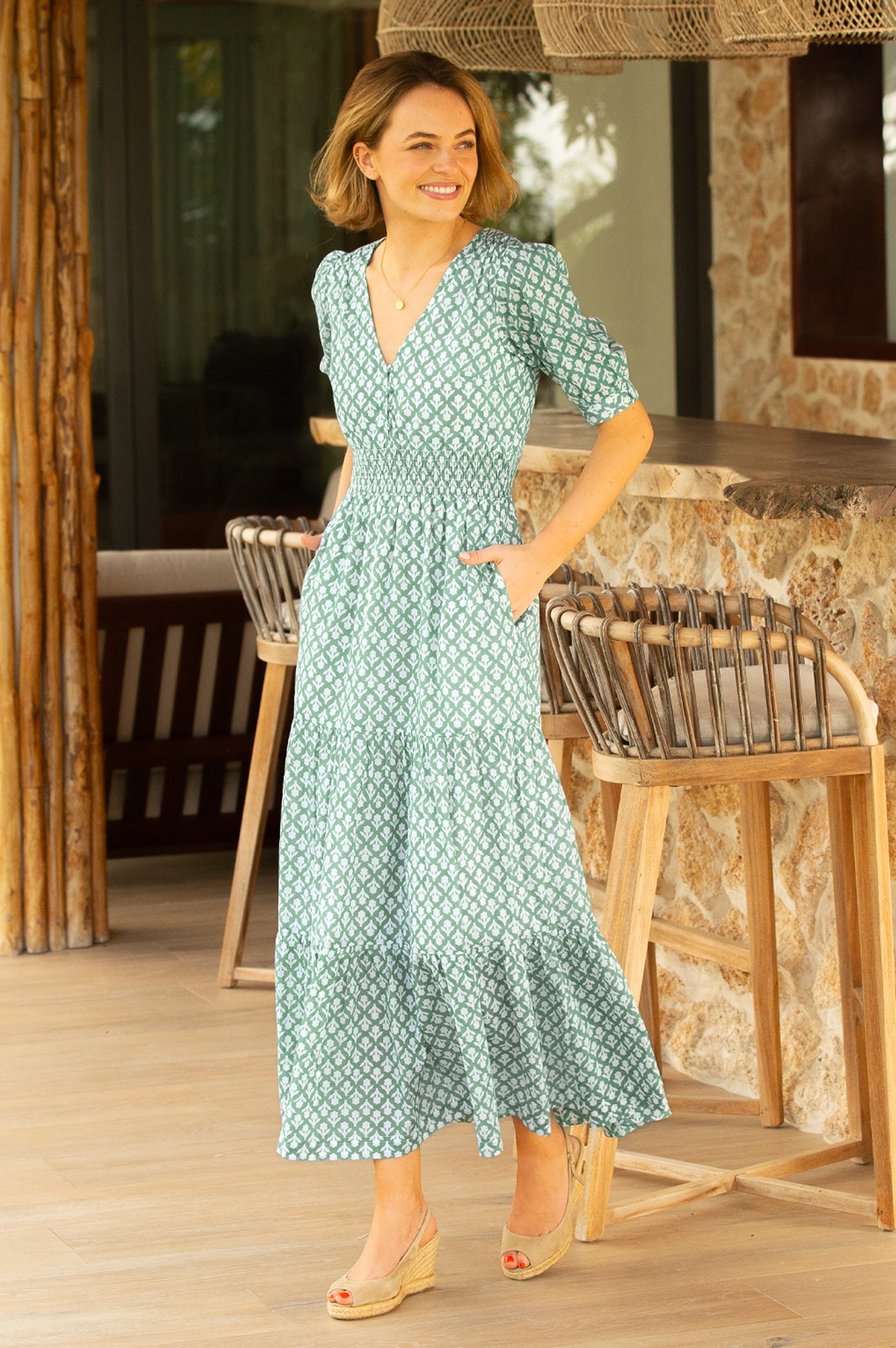 Billie Short Sleeve Organic Cotton Dress - Floral Print Sage/White | Casual Summer Outfit, Beach Coverup, Boho Style Dress for Women