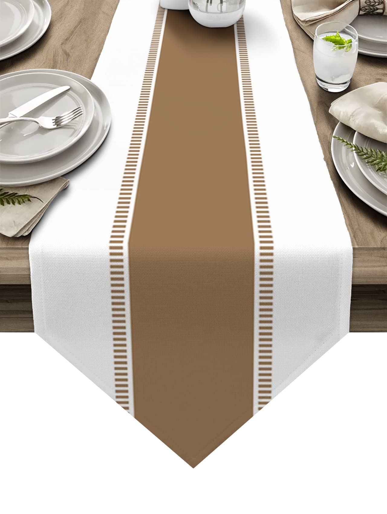 90-Inch Brown and White Cotton Linen Table Runner - Farmhouse Style Kitchen Dining Table Decor, Solid Color Striped Coffee Table Runner for Living Room, Party Dresser Scarves - Perfect for Summer Gatherings and Home Decor (13x90 Inches)