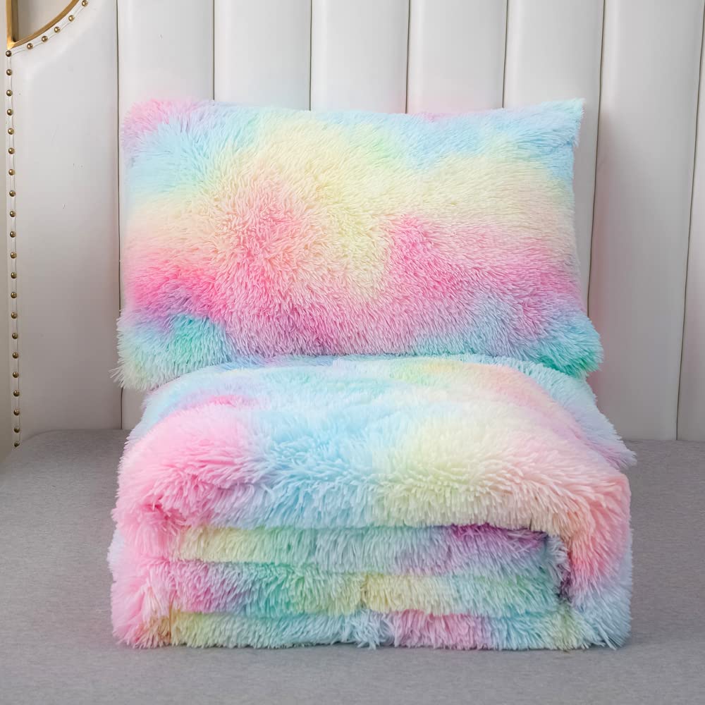Luxury Faux Fur Comforter Set Full/Queen Size - Ultra Soft Rainbow Pink Fluffy Fuzzy Microfiber Bedding with 2 Pillowcases | Cozy Winter Bedding for Girls Room, Dorm & Home Decor
