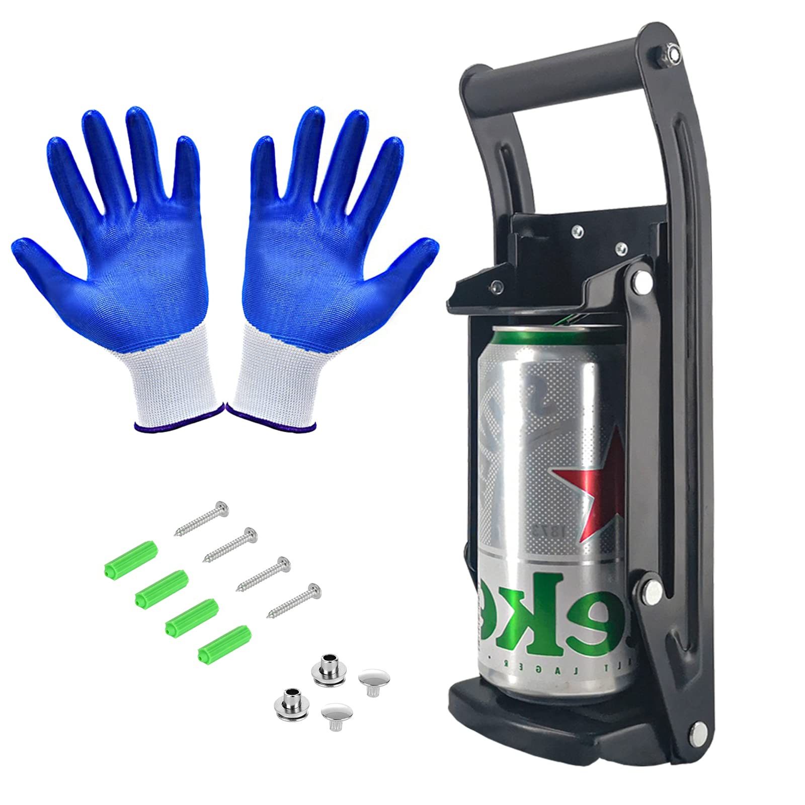 16oz & 12oz Aluminum Can Crusher for Soda & Beer - Wall Mounted Can Smasher with Gloves for Easy Recycling | Perfect for Home, Garage & Outdoor Use