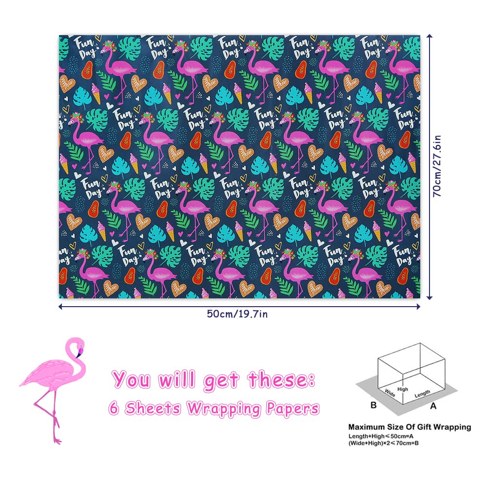 Geluode Flamingo Wrapping Paper - 6 Sheets 20x28 Inches, Tropical Hawaiian Aloha Theme for Birthday, Christmas & Party Gifts - Perfect for Beach Weddings, Luau Parties & Summer Celebrations