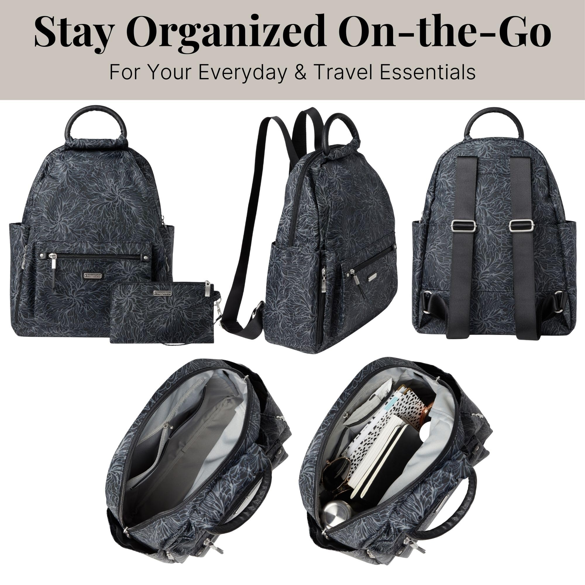 Baggallini Women's All Day Backpack - Lightweight Travel Laptop Backpack with Multiple Pockets, Midnight Blossom Print, One Size Fits All - Perfect for Work, Commuting & Weekend Getaways