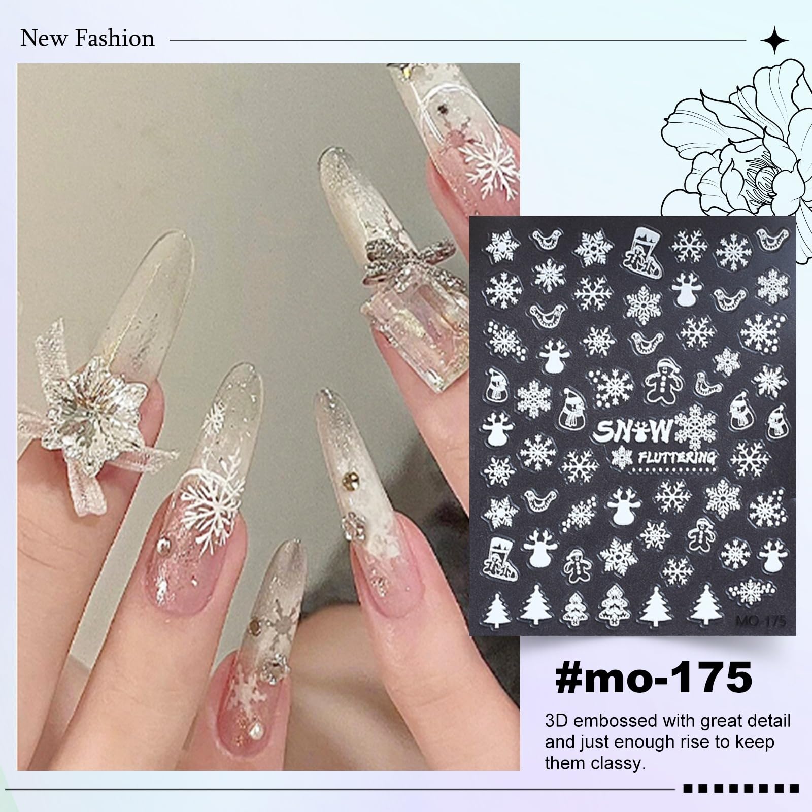 6 Sheets 3D Christmas Snowflake Nail Stickers - Winter White Self-Adhesive Nail Decals for Women (Santa & Elk Designs) | DIY Nail Art Supplies for Holiday Parties, New Year Celebrations & Winter Nail Decorations