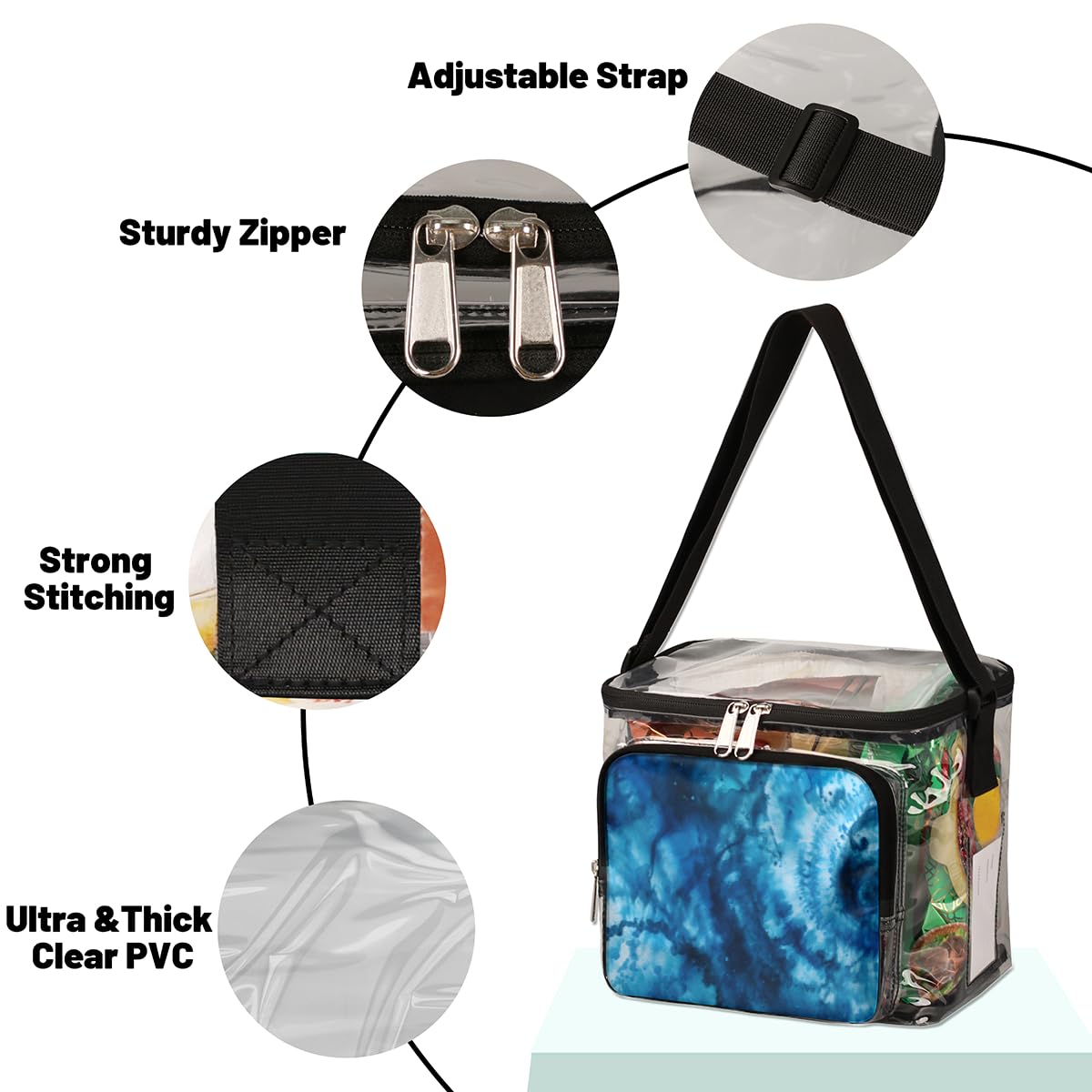 Swirl Tie Dye Clear Tote Bag with Handles - Blue Swirl Design Transparent Crossbody Shoulder Bag for Lunch, Beach & Outdoor Activities | Perfect for Travel, Picnics, Concerts & Sports Events | Stadium Approved Multipurpose Bag