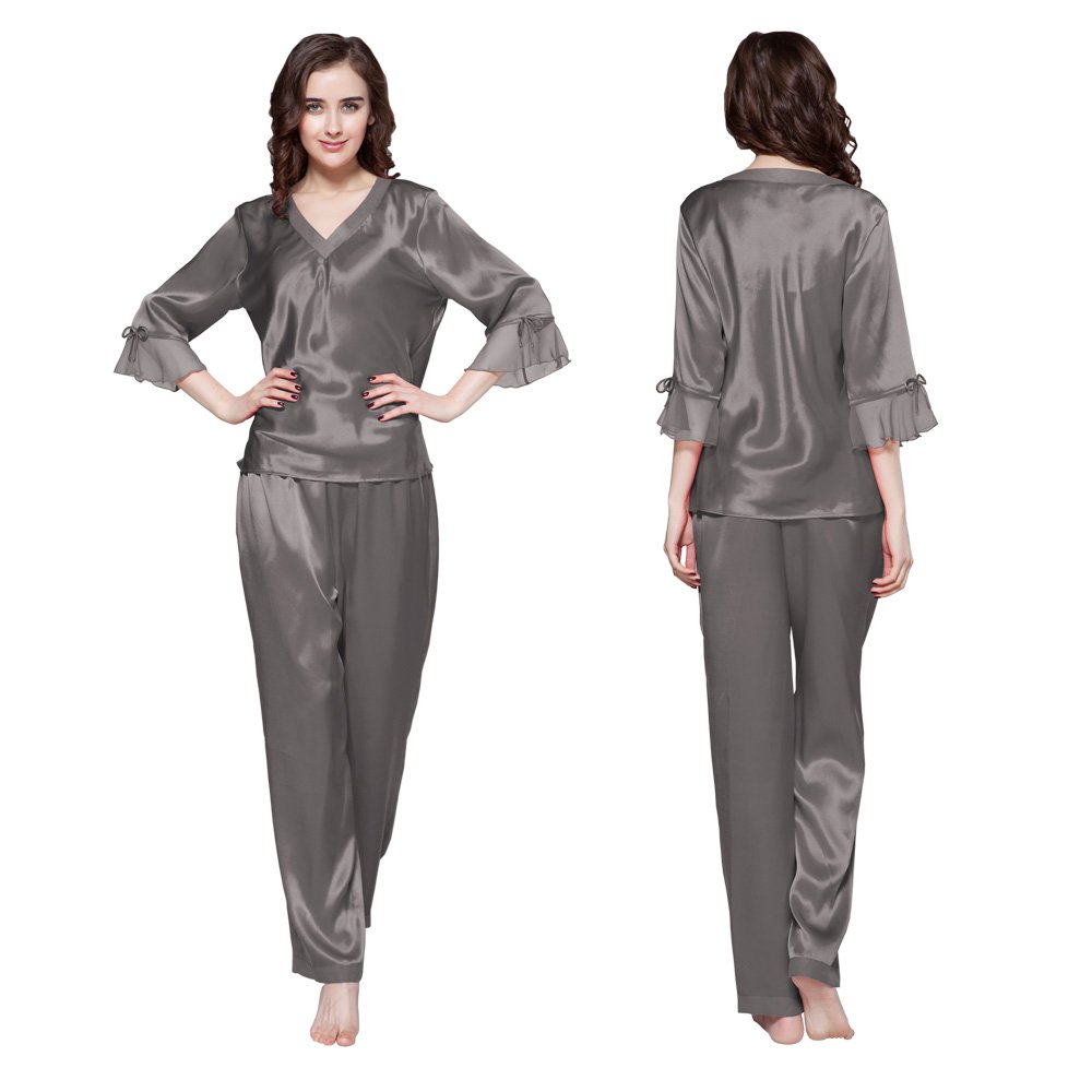 LILYSILK 100% Pure Mulberry Silk Pajama Set for Women - V-Neck 3/4 Sleeve Luxurious Sleepwear (22 Momme) | Perfect for Relaxation, Spa Days & Gift Giving