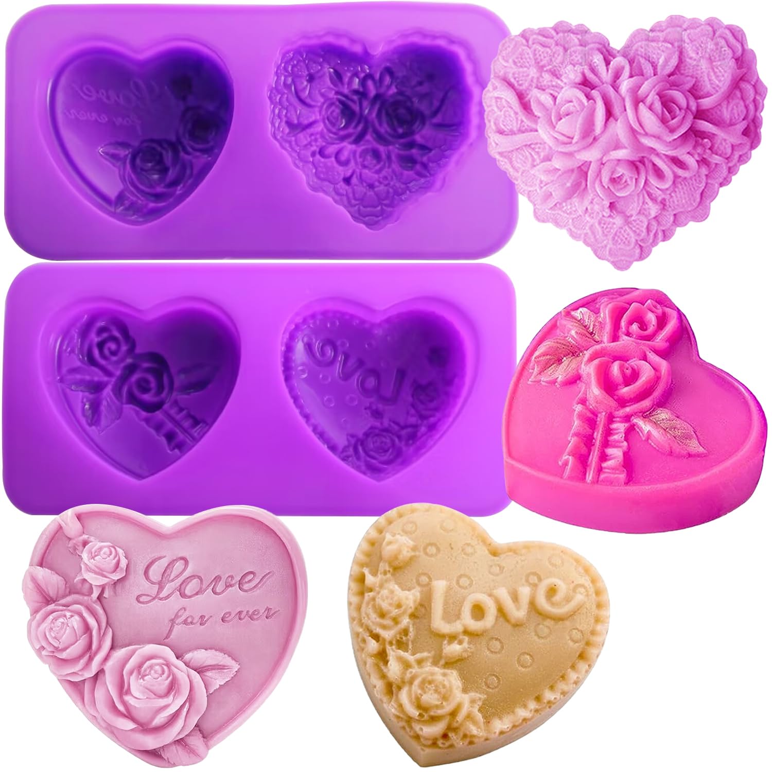 4-Piece 3D Rose Heart Silicone Mold Set for Soap, Candle, Chocolate & Cake Making - Perfect for Valentine's Day, Wedding, Birthday DIY Gifts & Home Decor (Purple)