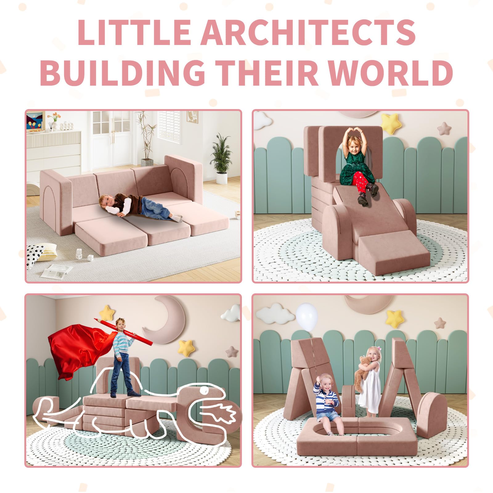 Wanan Kids Couch 12PCS - Modular Play Sofa for Toddlers & Children, 12-in-1 Multifunctional Playroom Furniture for Creative Play, Nap Time & Relaxation - Light Pink Toddler Couch for Boys & Girls - Perfect for Playrooms, Bedrooms & Daycare Centers