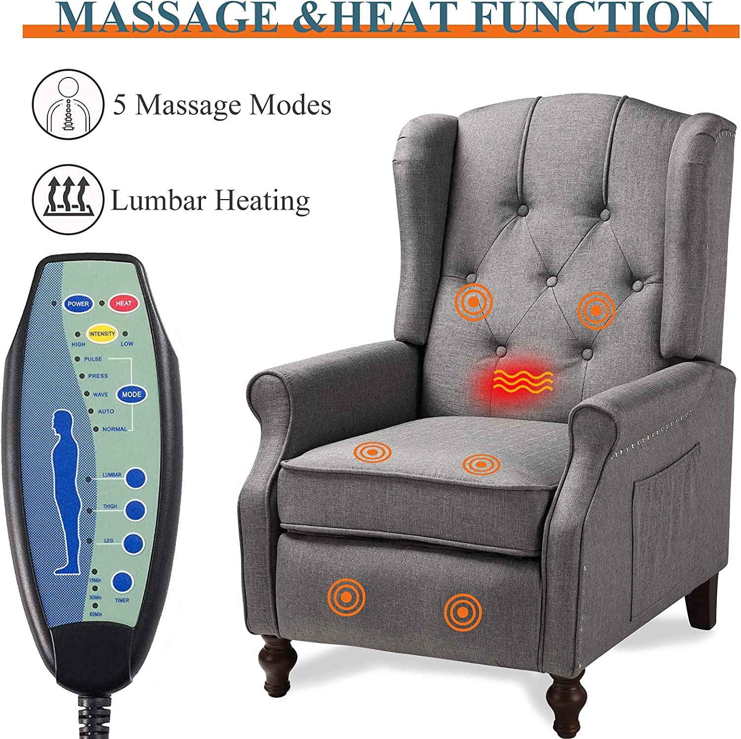 Premium Wingback Recliner Chair Set of 2 with Massage & Heat Function - Gray Fabric Push Back Accent Chairs with Diamond Tufted Design - Perfect for Living Room, Bedroom & Home Theater Relaxation