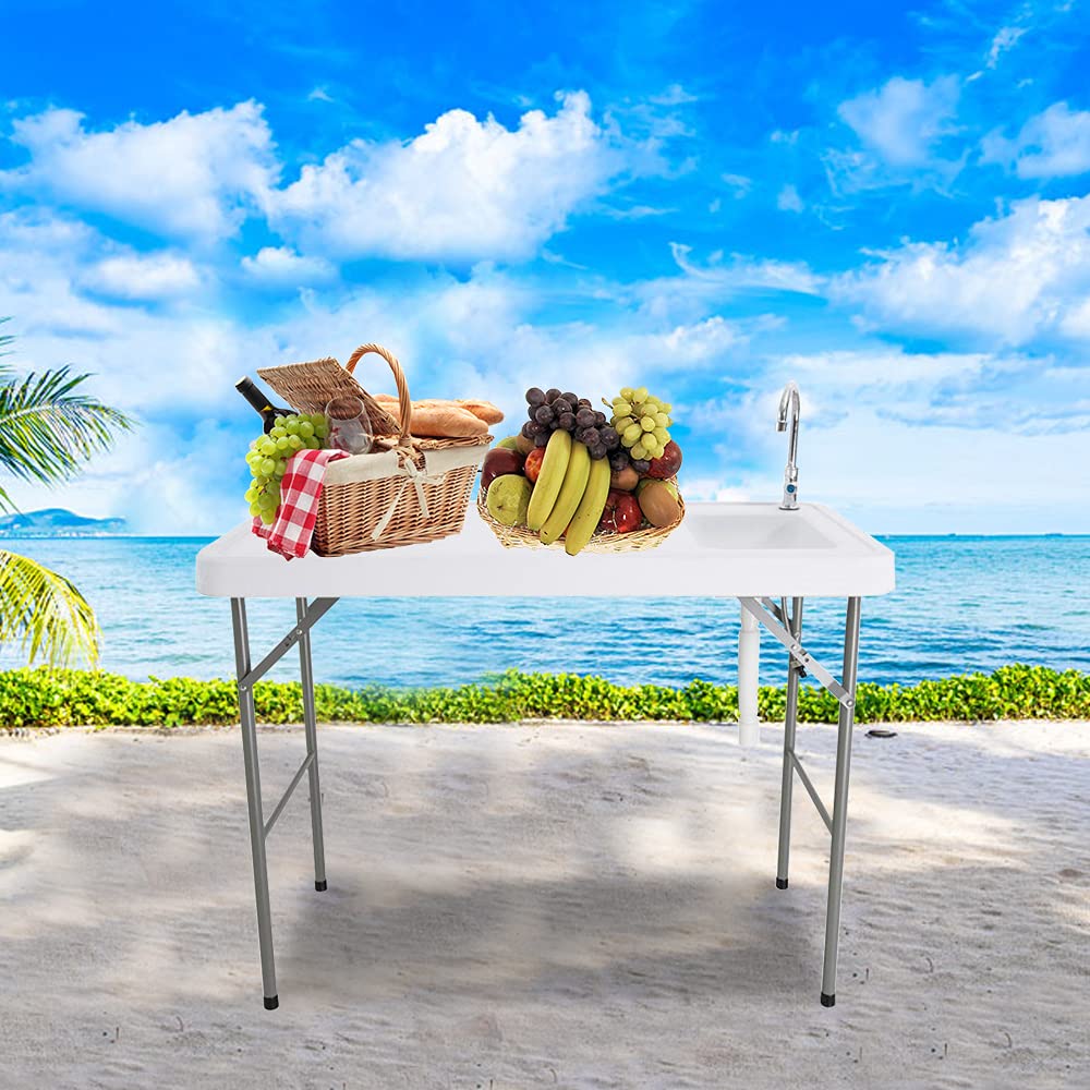 Portable Folding Fish Cleaning Table with Sink - Outdoor Camping Sink Station with Faucet & Hose Hook Up - Perfect for Fishing, Camping, Picnics & Dock Use - Includes Camping Accessories & Bench