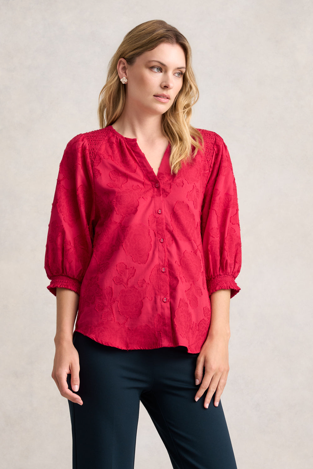 Elegant Jacquard Smocked Blouse for Women - Floral Embroidery Ruffled Top in Rouge Red - Perfect for Office Wear, Date Nights & Special Occasions
