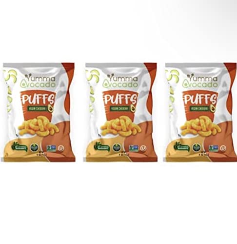 Yumma Avocado Puffs - 4oz Bags | Vegan, Gluten-Free, Non-GMO Snacks Made with Real Avocados & Avocado Oil | Kosher Certified, Plant-Based, No Artificial Ingredients | Perfect for School Lunches, Road Trips & Healthy Snacking (Vegan Cheddar, 3 Pack)