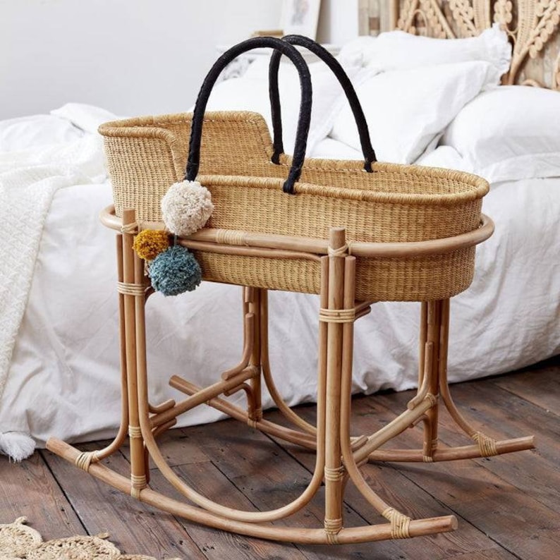 Natural Bolga Woven Baby Moses Basket - 12x18x30 Inch Newborn Bassinet with Swing Stand & Mattress - Perfect Nursery Gift for Modern Parents - Ideal for Bedroom, Nursery, or Travel