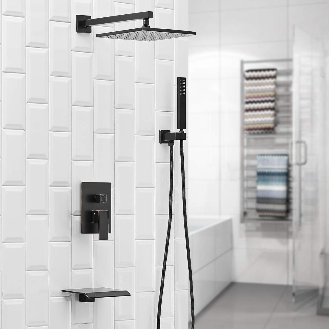3-Function 10 Inch Oil Rubbed Bronze Rainfall Shower System with Handheld Sprayer & Tub Spout - Complete Bathroom Faucet Set with Rough-In Valve (Perfect for Luxurious Spa-Like Showers & Relaxing Baths)
