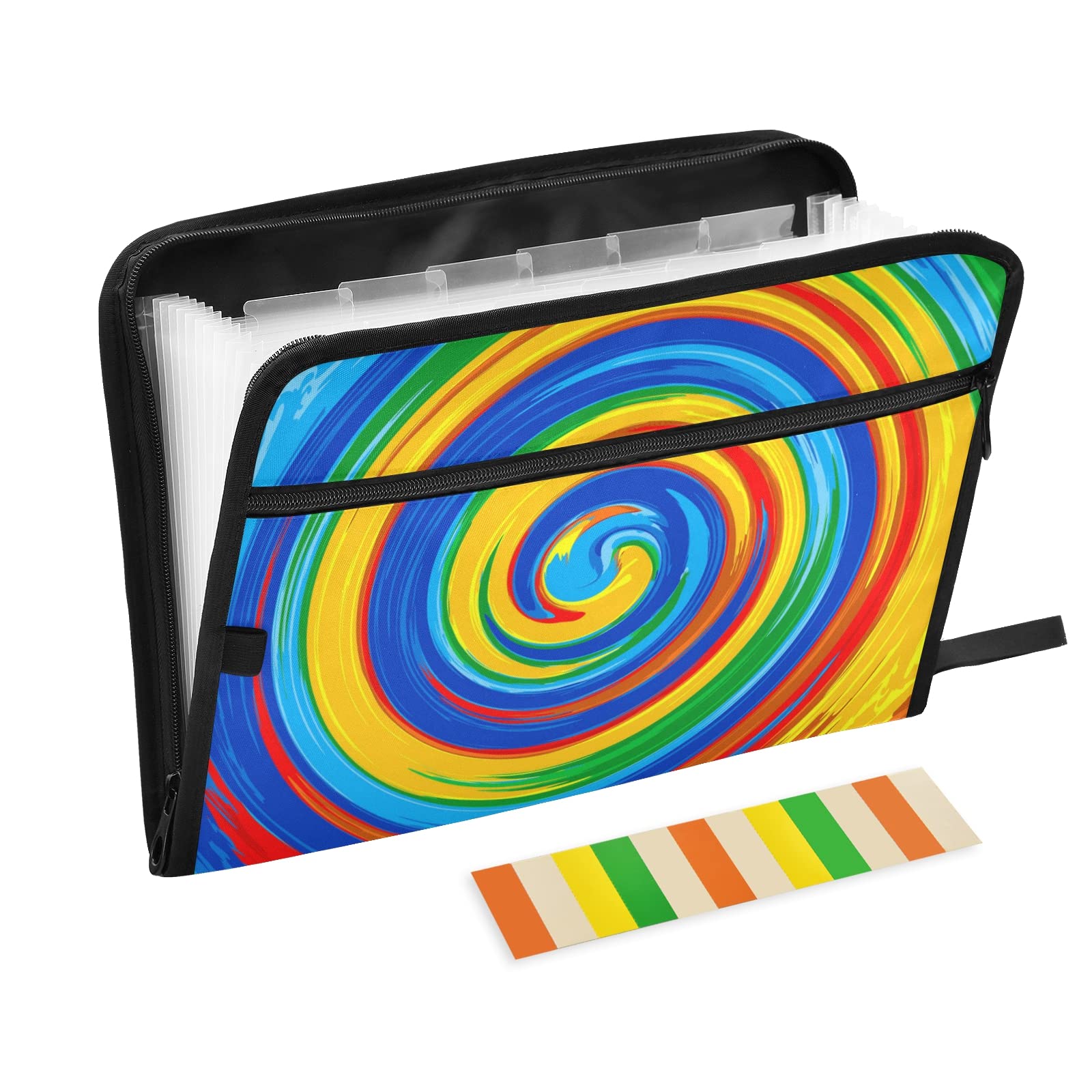 KFBE 13-Pocket Expanding File Folder with Sticky Labels - Colorful Vortex Design for Letter/A4 Documents - Accordion Organizer with Zipper Closure (20811513) - Perfect for Office, School, Home Organization & Document Storage