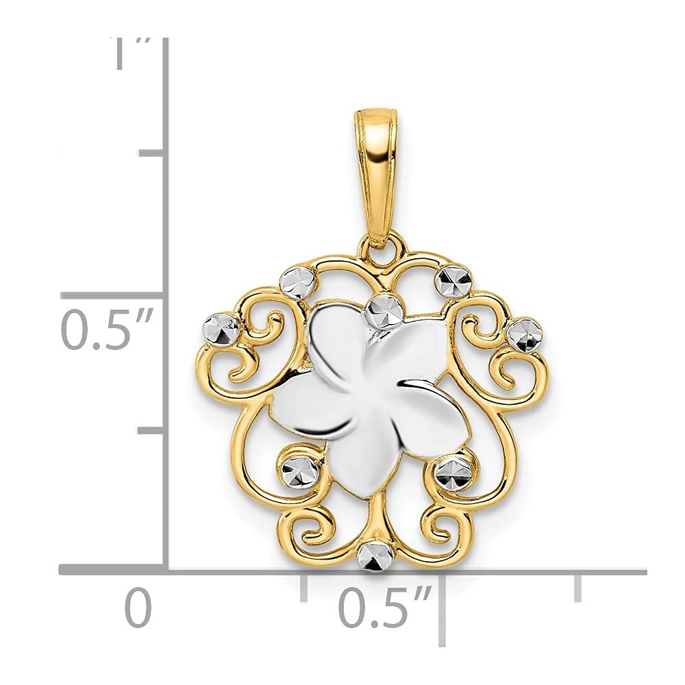 14K Yellow & White Rhodium Diamond-Cut Floral Pendant Necklace - 21.67mm x 16.91mm - Elegant Jewelry Gift for Women - Perfect for Weddings, Anniversaries & Special Occasions