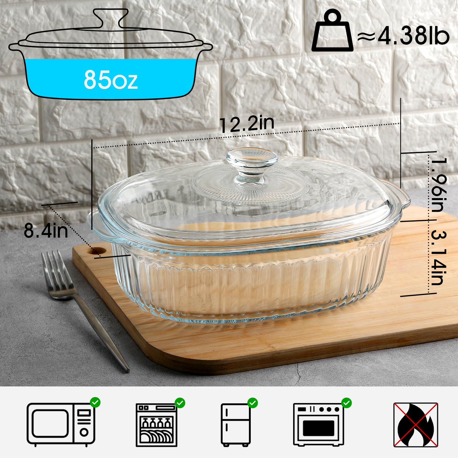 NUTRIUPS 3QT Oval Glass Casserole Dish with Lid - Borosilicate Oven Safe Baking Pan for Lasagna, Roasting & Meal Prep - Perfect for Thanksgiving, Christmas & Family Dinners