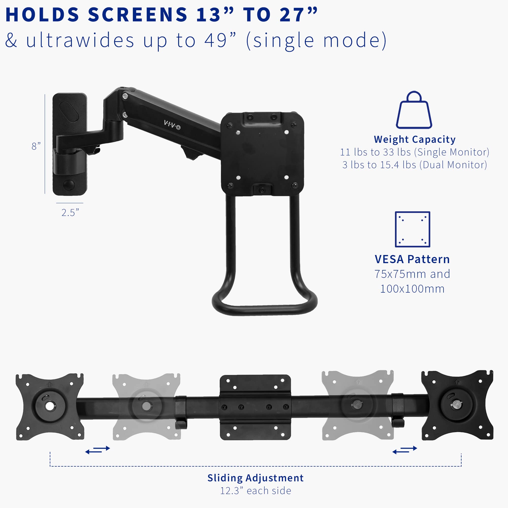 VIVO Premium Aluminum Single/Dual Monitor Wall Mount - Adjustable Pneumatic Arm for 2 Screens up to 27