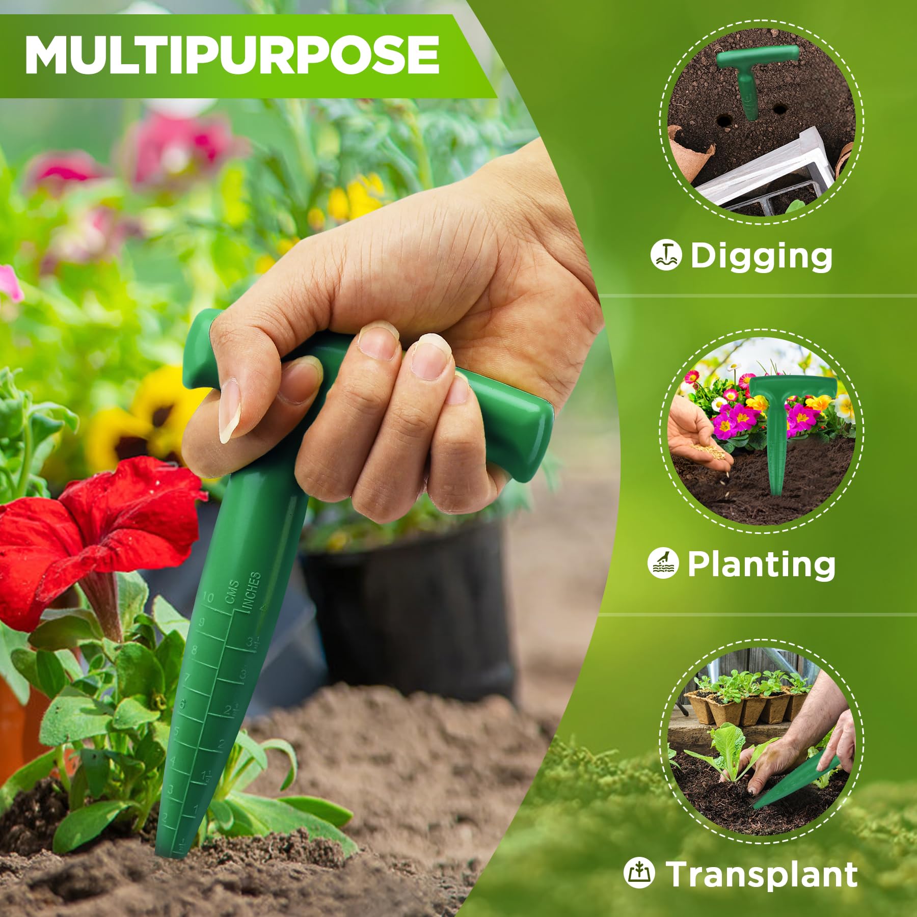 2 Pack Green Plastic Bulb Planting Tools - 6.9 Inch Seed Dibber with Measurement Marks & Comfortable Handle - Perfect for Planting Bulbs, Sowing Seeds & Gardening - Ideal for Home Garden, Flower Beds & Vegetable Patches