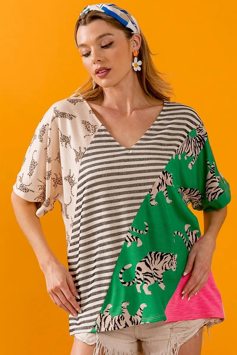 Bibi Tiger Women's Striped Contrast Color Block V-Neck T-Shirt - Casual Wear for Everyday Outfits, Work & Date Nights