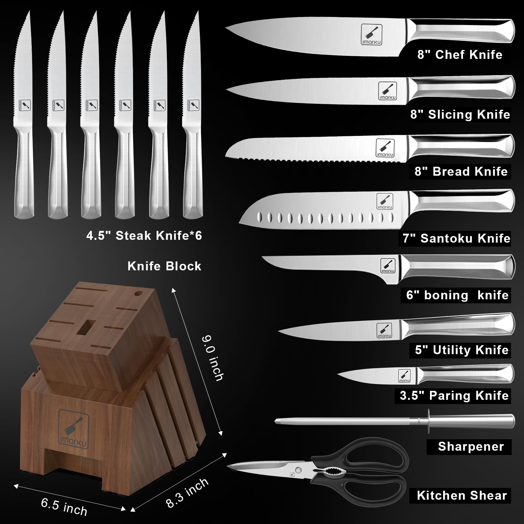 Imarku 16-Piece High Carbon Stainless Steel Kitchen Knife Set with Wooden Block - Ultra Sharp Japanese Knives with Non-Slip Dotted Ergonomic Handles - Perfect for Home Chefs, Cooking Enthusiasts & Gift Giving